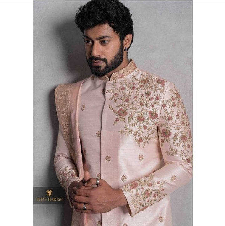 Peach Pattu Sherwani with Dhoti for Groom Pellikoduku